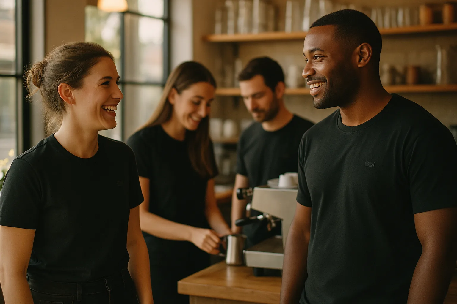 Equipe de cafeteria vestindo camisetas pretas iguais atrás do balcão