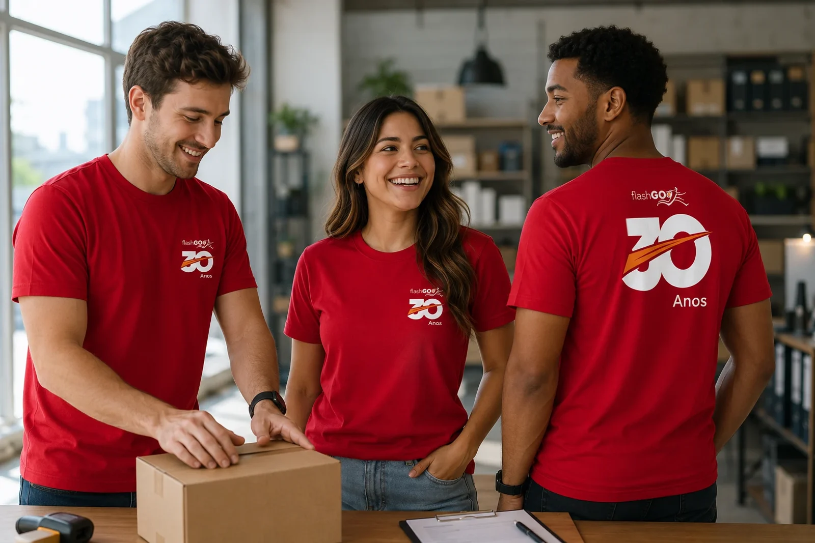 Três pessoas de uma equipe de expedição vestindo camisetas vermelhas iguais, com a logo no peito e estampa grande nas costas